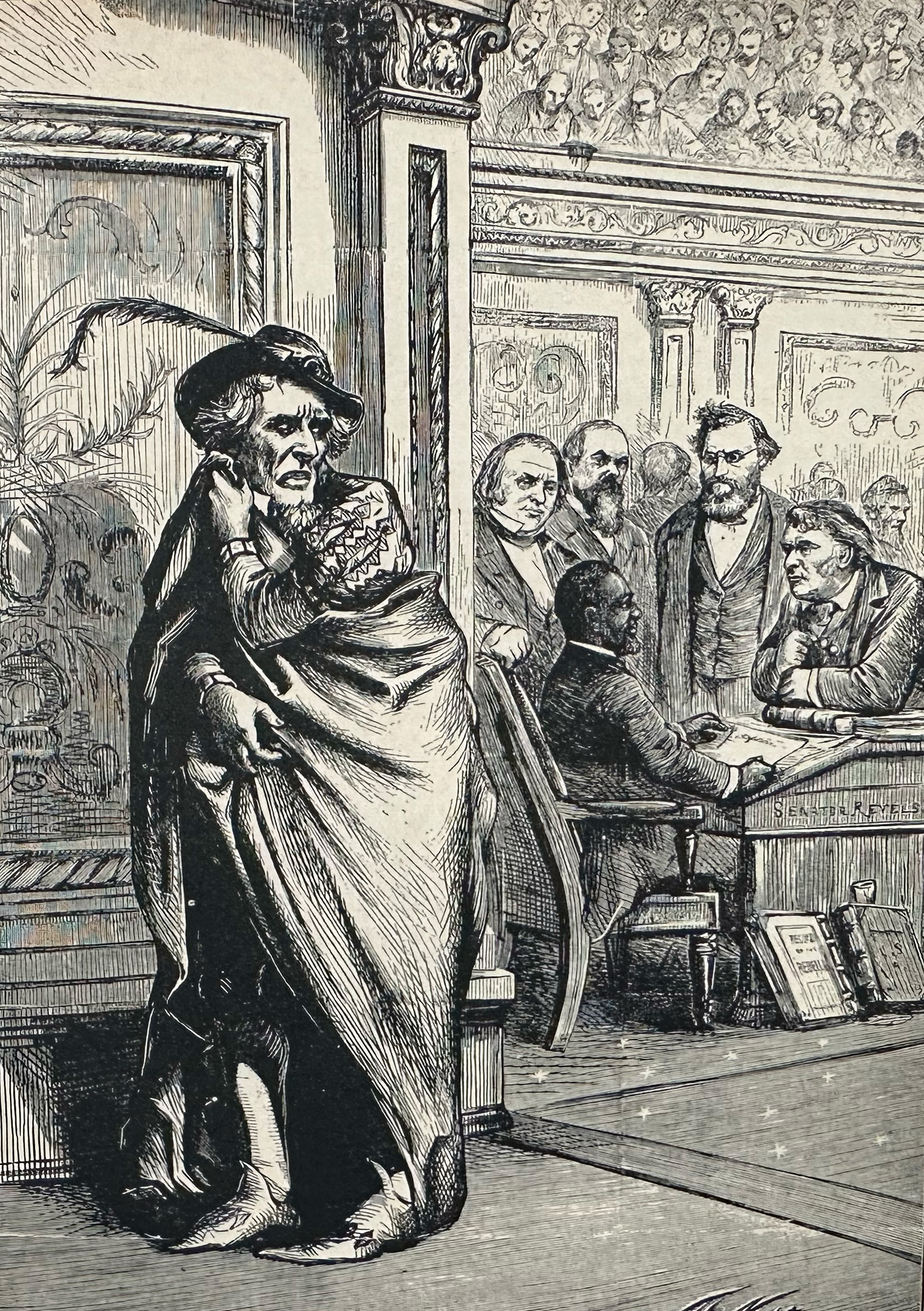 6.jpg “TIME WORKS WONDERS.” The ghost of Jefferson Davis appears as Iago, brooding on the election of a Negro, Niram Rhoades Revels, to Davis’ old Mississippi seat in the U.S. Senate: “For that I do suspect the lusty Moor hath leap’d into my seat…” Around Revels’ desk, abolitionist fellow-Senators Henry Wilson (Mass.), Oliver Morton (Ind.), Carl Schurz (Mo.), Charles Sumner (Mass).