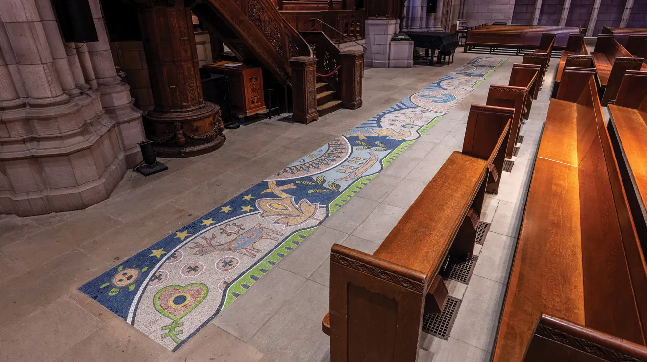 OTC_Chapel Mural.jpg Marianne Nicolson, a Musgamakw Dzawada’enuxw First Nations artist and activist, created a new mosaic for the University Chapel that highlights “the interrelationship between humans, plants, animals, the sky, the earth, and the water,” according to the Office of Religious Life. She developed the concept with help from Native and Indigenous student and alumni groups and community members. The Rev. Dr. Theresa Thames, dean of religious life and the chapel, said the mosaic was installed in August between the fr